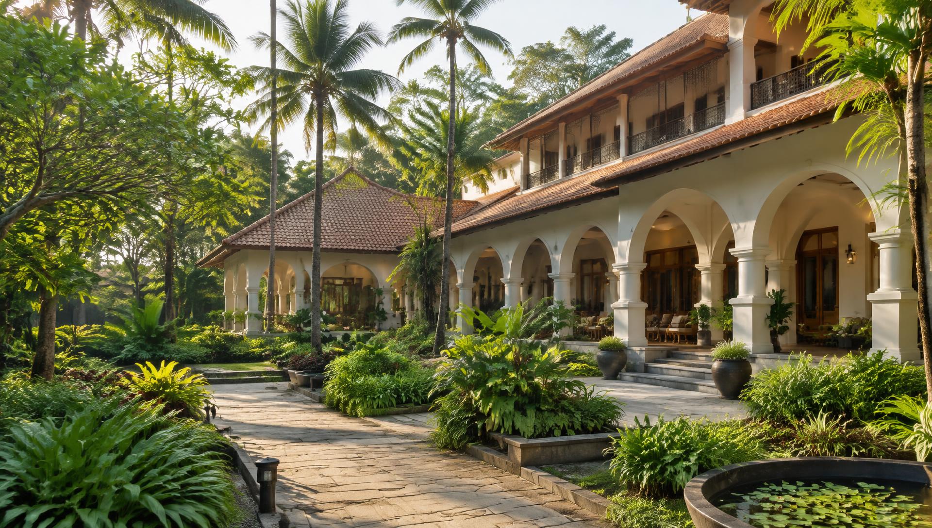 Illustrative Ayurveda retreat courtyard surrounded by lush greenery
